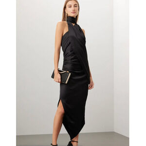 Arias Dress Womens 6 Black Crepe Asymmetrical Drapey Halter Midi Formal Cocktail
